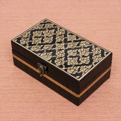 Joyero de madera lacada - Caja de joyería de madera lacada tailandesa floral hecha a mano