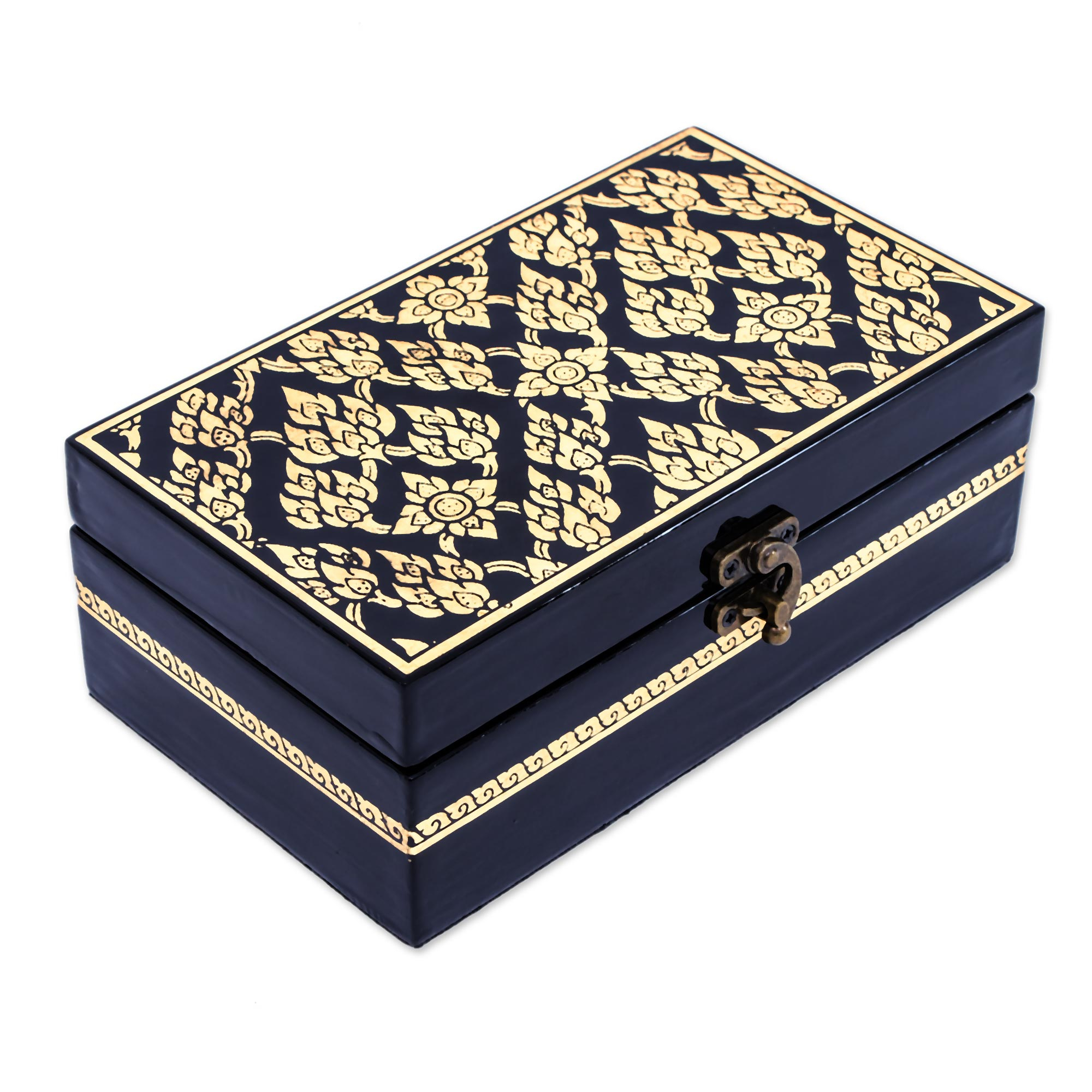 Handcrafted Floral Thai Lacquered Wood Jewelry Box - Golden Lotus ...
