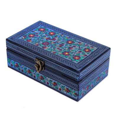 Lacquered wood jewelry box, 'Red Poppies' - Handcrafted Red-Blue Floral Thai Lacquered Wood Jewelry Box