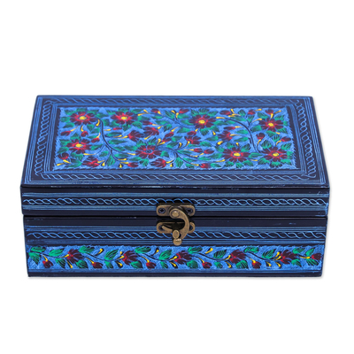 Lacquered wood jewelry box, 'Red Poppies' - Handcrafted Red-Blue Floral Thai Lacquered Wood Jewelry Box