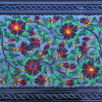 Schmuckkästchen aus lackiertem Holz, 'Rote Mohnblumen'. - Handgefertigte rot-blaue florale Schmuckschatulle aus thailändisch lackiertem Holz