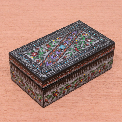 Caja de madera lacada, 'Red Thai Garden' - Caja de madera lacada tailandesa floral hecha a mano