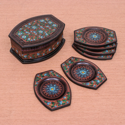 Lacquered wood coasters and box, 'Blue Eyed Daisies' (set of 6) - 6 Handcrafted Thai Lacquered Wood Coasters and Box
