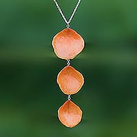 Natural rose pendant necklace, 'Pretty Orange Petals'