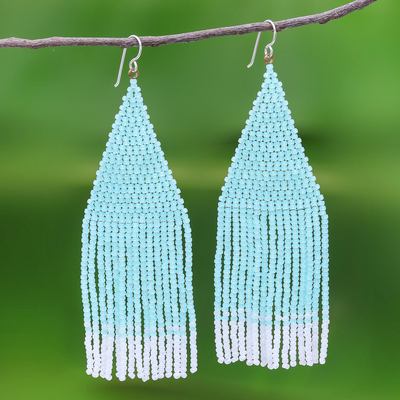 Glass beaded waterfall earrings, 'Pa Sak Mint' - Long Waterfall Beaded Earrings in Mint and White