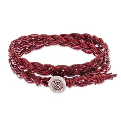 Braided leather wrap bracelet, 'Pa Sak Braid' - Om Symbol Braided Leather Wrap Bracelet