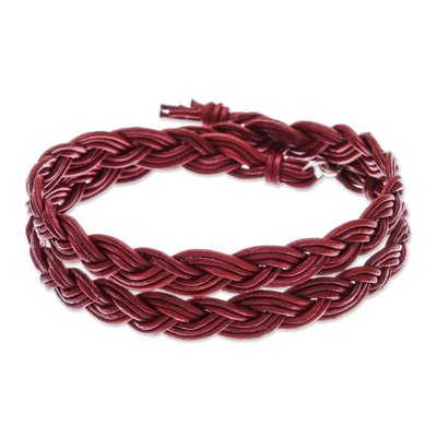 Braided leather wrap bracelet, 'Pa Sak Braid' - Om Symbol Braided Leather Wrap Bracelet