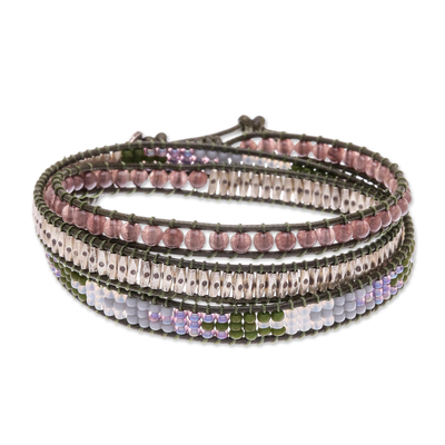 Leather and smoky quartz wrap bracelet, 'Pa Sak Star' - Beaded Leather Wrap Bracelet with Star of David