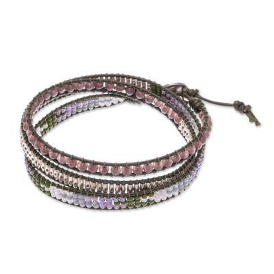 Leather and smoky quartz wrap bracelet, 'Pa Sak Star' - Beaded Leather Wrap Bracelet with Star of David