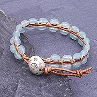 Quartz beaded wristband bracelet, 'Pa Sak Waters' - Cool, Blue Quartz and Leather Wristband Bracelet