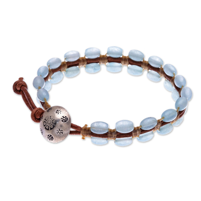 Quartz beaded wristband bracelet, 'Pa Sak Waters' - Cool, Blue Quartz and Leather Wristband Bracelet
