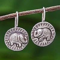 Silver drop earrings, 'Elephant Sun' - Hill Tribe Style 950 Silver Elephant Drop Earrings