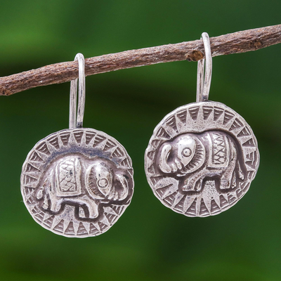 Silver drop earrings, 'Elephant Sun' - Hill Tribe Style 950 Silver Elephant Drop Earrings