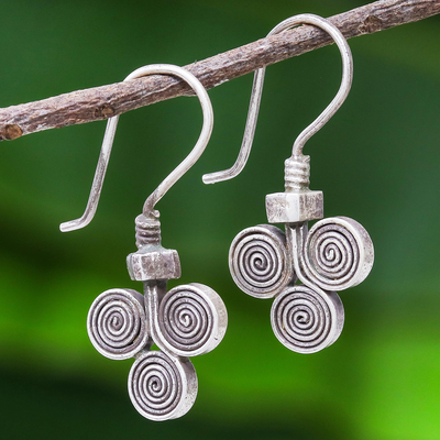 Silver drop earrings, 'Kariang Curls' - Oxidized 950 Silver Spiral Drop Earrings