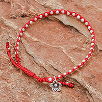 Silver beaded bracelet, 'Flower Path in Red' - Red Cord Bracelet with 950 Silver Beads