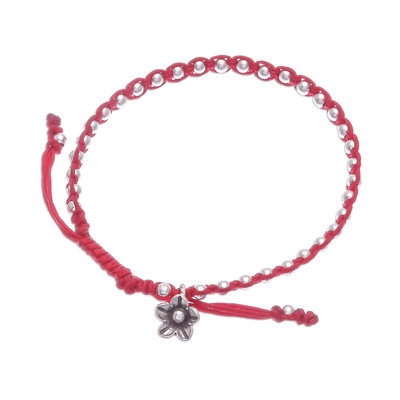 Silver beaded bracelet, 'Flower Path in Red' - Red Cord Bracelet with 950 Silver Beads