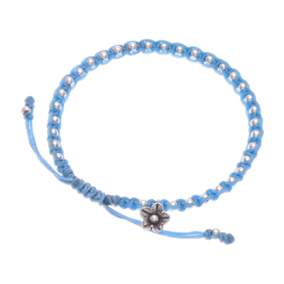 Silver beaded bracelet, 'Flower Path in Sky Blue' - Sky Blue Cord Bracelet with 950 Silver Beads