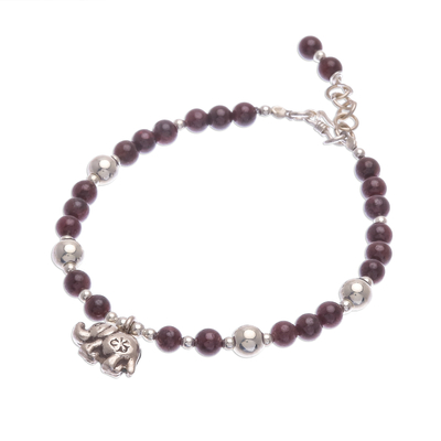 Garnet beaded bracelet, 'Sweet Elephant' - Garnet and Silver Beaded Bracelet with Elephant Charm