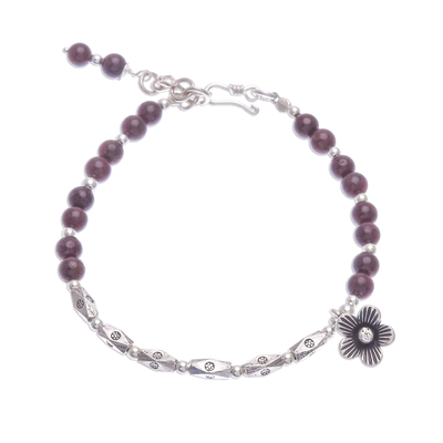Garnet and silver beaded bracelet, 'Charming Bloom' - Flower Charm 950 Silver and Garnet Beaded Bracelet
