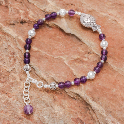 Amethyst and sterling silver beaded bracelet, 'Sweet Fish' - Fish Charm Amethyst Beaded Bracelet