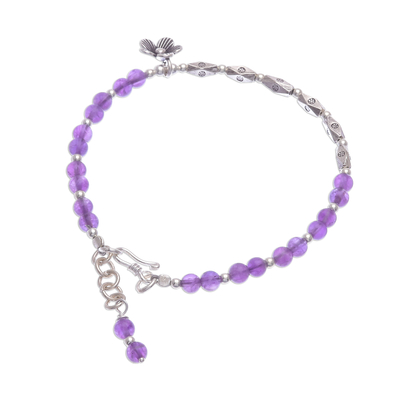 Amethyst and silver beaded bracelet, 'Charming Bloom' - Flower Themed Amethyst and 950 Silver Charm Bracelet