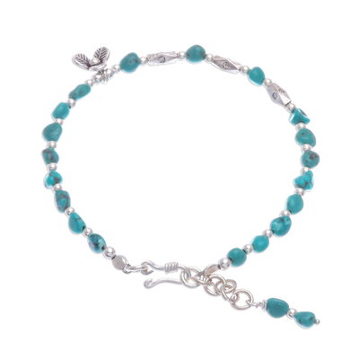 Reconstituted turquoise beaded bracelet, 'Flower Season' - 950 and Sterling Silver and Reconstituted Turquoise Bracelet