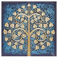 'Blue Sacred Tree' - Signed Thai Bodhi Tree Painting in Blue with Golden Foil