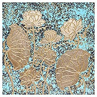 'Blue Peaceful Lotus' - Signed Thai Blue Lotus Blossom Painting with Golden Foil