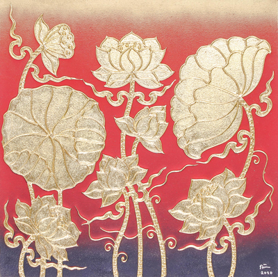 'Lively Red Lotus' - Pintura tailandesa de flor de loto rojo firmada con lámina dorada
