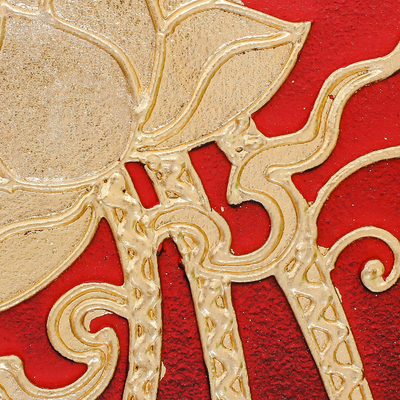 „Lebendiger roter Lotus“ – signiertes thailändisches rotes Lotusblütengemälde mit goldener Folie