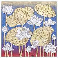 'Blue Winter Lotus' - Pintura tailandesa firmada en flor de loto azul con lámina metálica