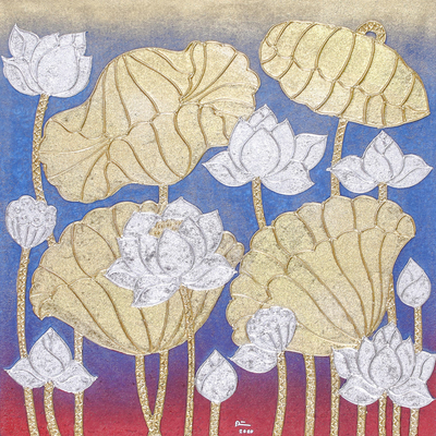 Signed Thai Blue Lotus Blossom Painting with Metallic Foil