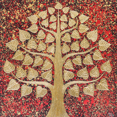 'Classic Red Bodhi' - Signed Thai Red Buddha Tree Painting with Golden Foil