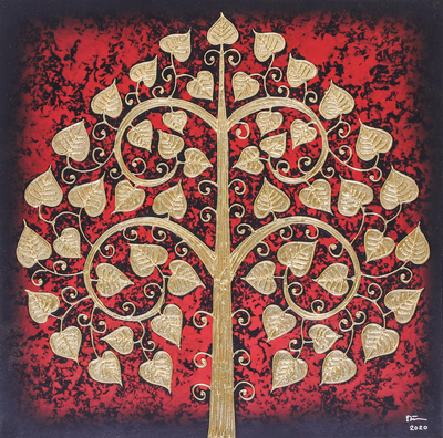 Signed Thai Bodhi Tree Painting in Red with Golden Foil