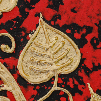 'Red Sacred Tree' - Signed Thai Bodhi Tree Painting in Red with Golden Foil