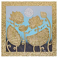 'Midnight Lotus' - Pintura de flor de loto tailandesa firmada con lámina de oro y plata