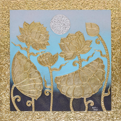 'Midnight Lotus' - Signed Thai Lotus Blossom Painting with Gold & Silver Foil