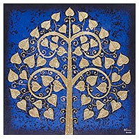 'Blue Night Sacred Tree' - Signed Thai Bo Tree Painting in Dark Blue with Golden Foil