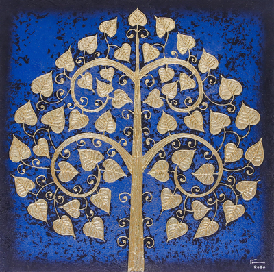 Signed Thai Bo Tree Painting in Dark Blue with Golden Foil