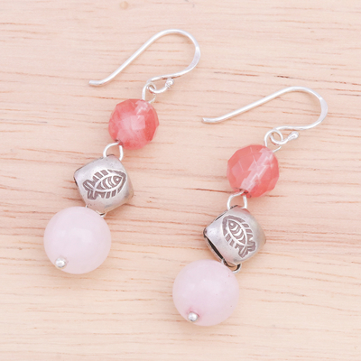 Quartz and silver beaded dangle earrings, 'Hill Tribe Pink' - Hill Tribe Style Pink Quartz Dangle Earrings