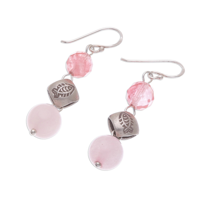 Quartz and silver beaded dangle earrings, 'Hill Tribe Pink' - Hill Tribe Style Pink Quartz Dangle Earrings