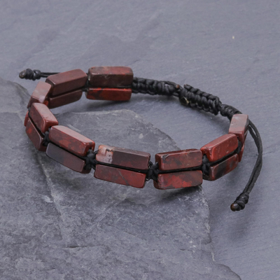 Jasper beaded wristband bracelet, 'Khao Kho Nature' - Dark Red Jasper and Black Cord Bracelet