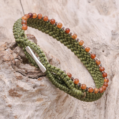 Karneol-Perlen-Makramee-Armband - Olivgrünes Makramee-Armband mit Karneolperlen