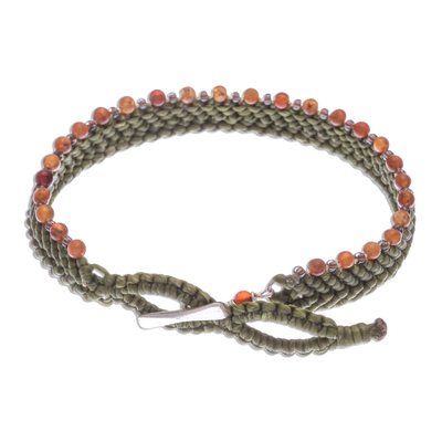Carnelian beaded macrame bracelet, 'Marquee in Olive' - Olive Macrame Bracelet with Carnelian Beads