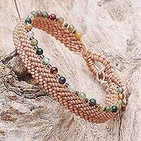 Agate beaded macrame bracelet, 'Marquee in Buff' - Buff Macrame Bracelet with Agate and Glass Beads