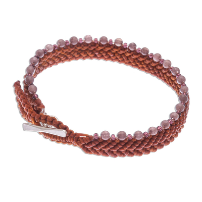 Quartz beaded macrame bracelet, 'Marquee in Rust' - Quartz and Glass Beaded Macrame Bracelet in Rust