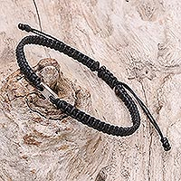 Macrame bracelet with 950 silver accent, 'Classic Cool' - Black Macrame Adjustable Bracelet with Silver Charm
