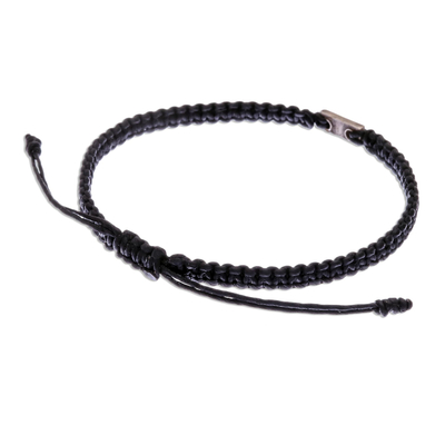 Macrame bracelet with 950 silver accent, 'Classic Cool' - Black Macrame Adjustable Bracelet with Silver Charm