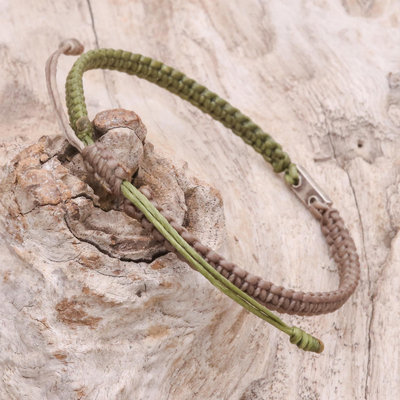 Macrame bracelet with 950 silver accent, 'Weaver of Dreams' - Adjustable Unisex Poly Cord Macrame Bracelet Brown/Green