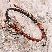 Macrame bracelet with 950 silver accent, 'Rustic Roots' - Unisex Macrame Sliding Knot Poly Cord Bracelet Brown/Rust